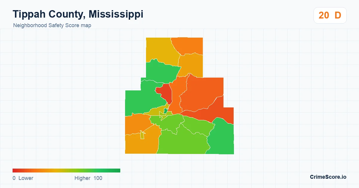 Tippah County, Mississippi neighborhood Safety Score map by Census block group