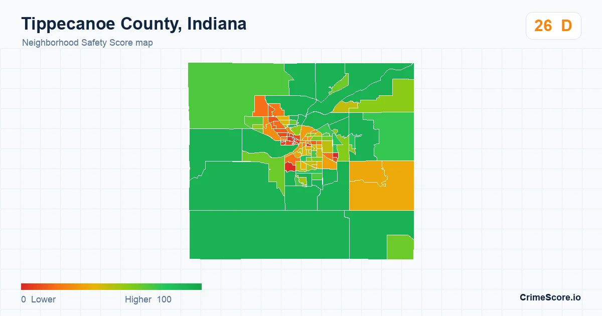 Tippecanoe County, Indiana neighborhood Safety Score map by Census block group