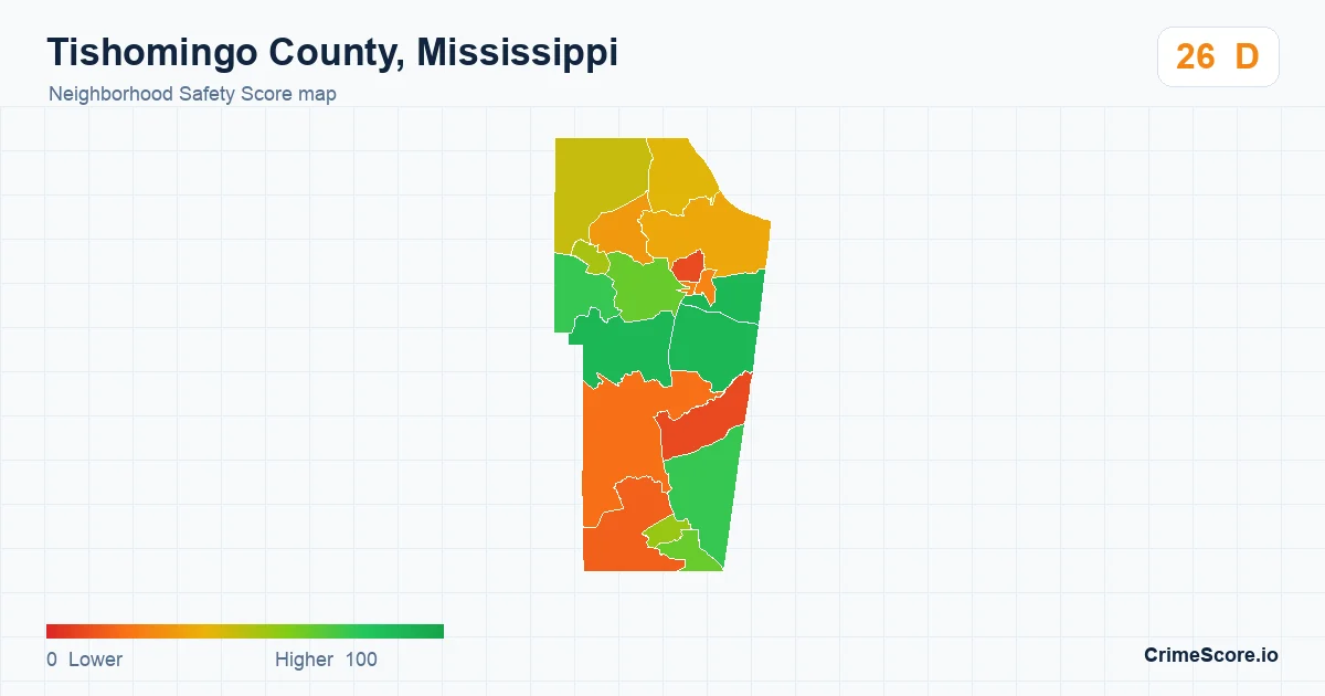 Tishomingo County, Mississippi neighborhood Safety Score map by Census block group