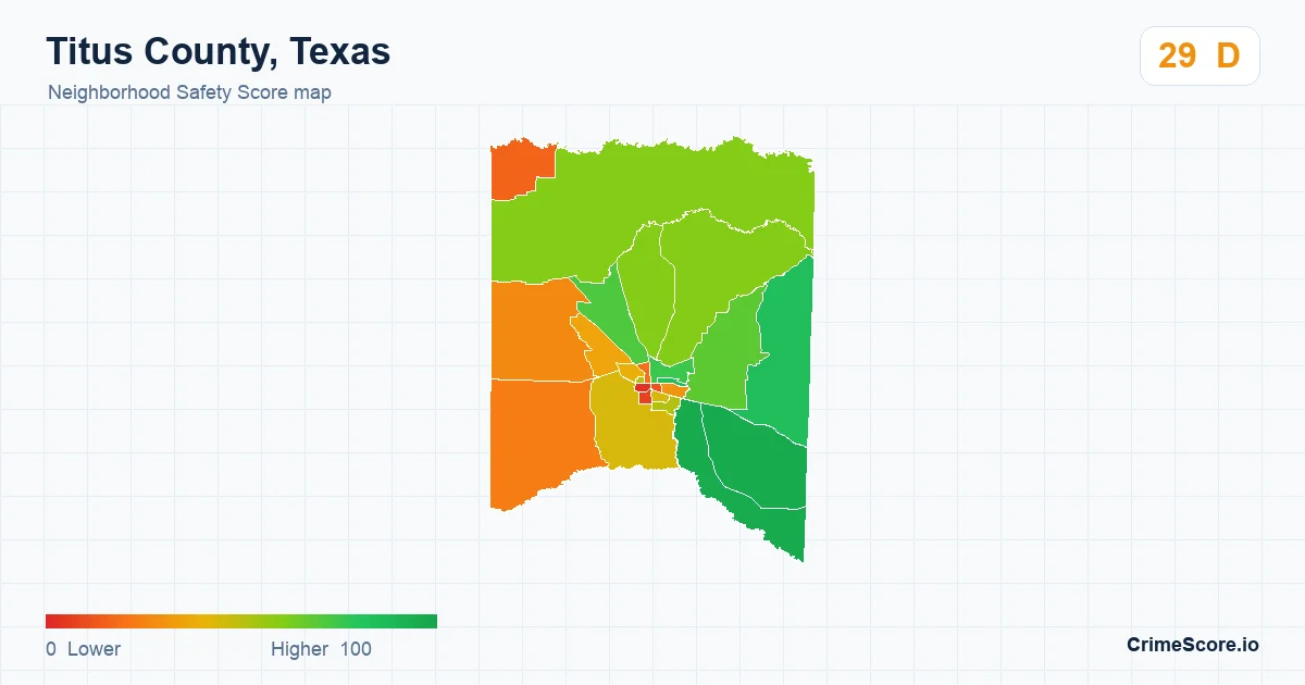 Titus County, Texas neighborhood Safety Score map by Census block group