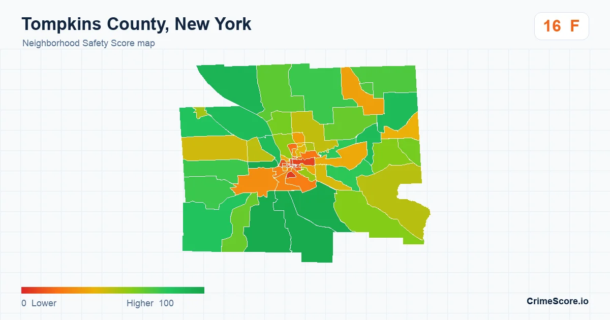 Tompkins County, New York neighborhood Safety Score map by Census block group