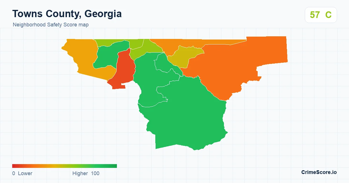 Towns County, Georgia neighborhood Safety Score map by Census block group