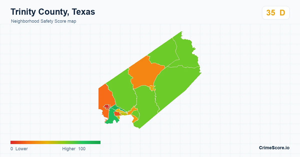 Trinity County, Texas neighborhood Safety Score map by Census block group