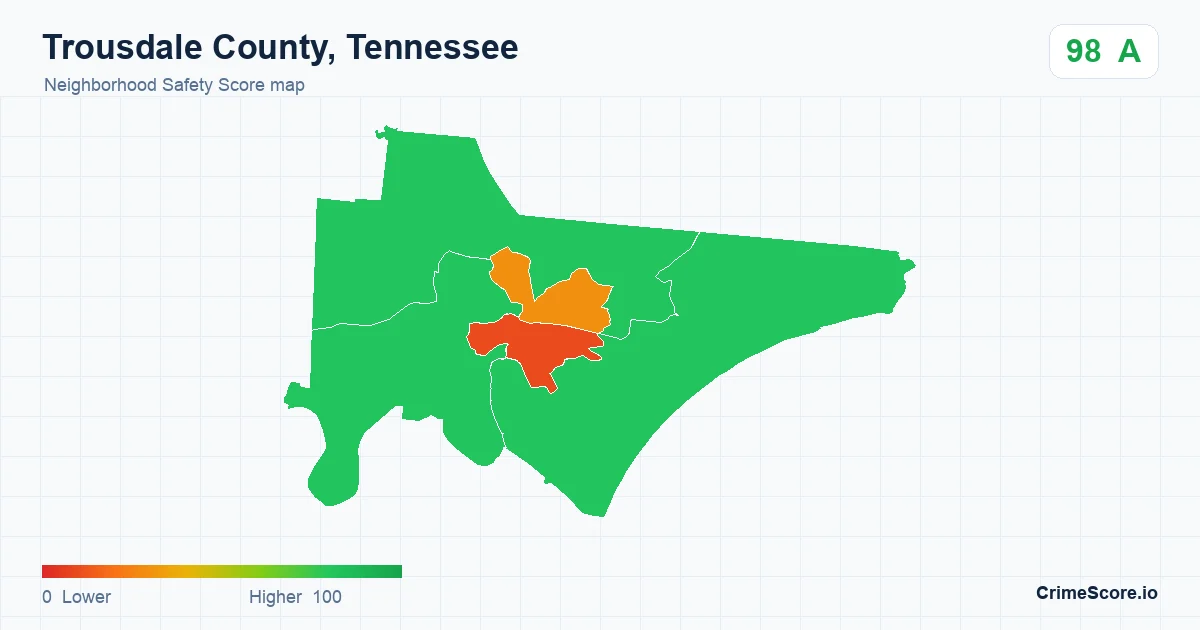 Trousdale County, Tennessee neighborhood Safety Score map by Census block group