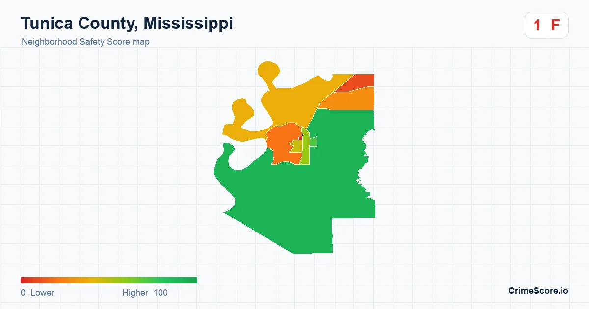 Tunica County, Mississippi neighborhood Safety Score map by Census block group