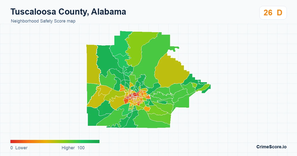 Tuscaloosa County, Alabama neighborhood Safety Score map by Census block group