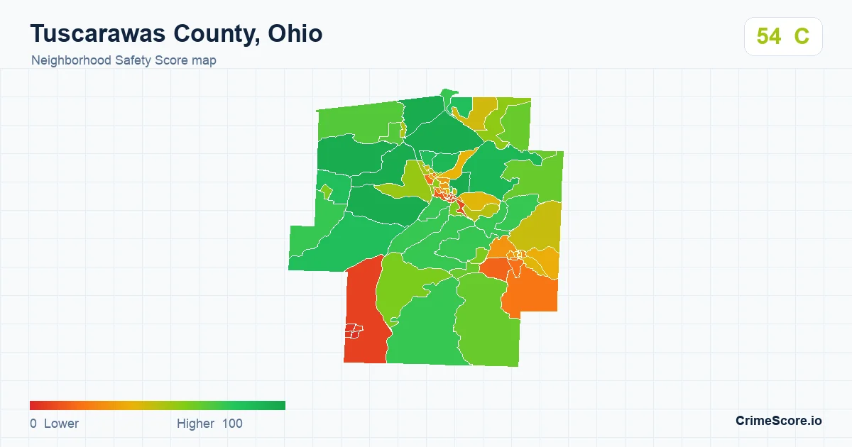 Tuscarawas County, Ohio neighborhood Safety Score map by Census block group