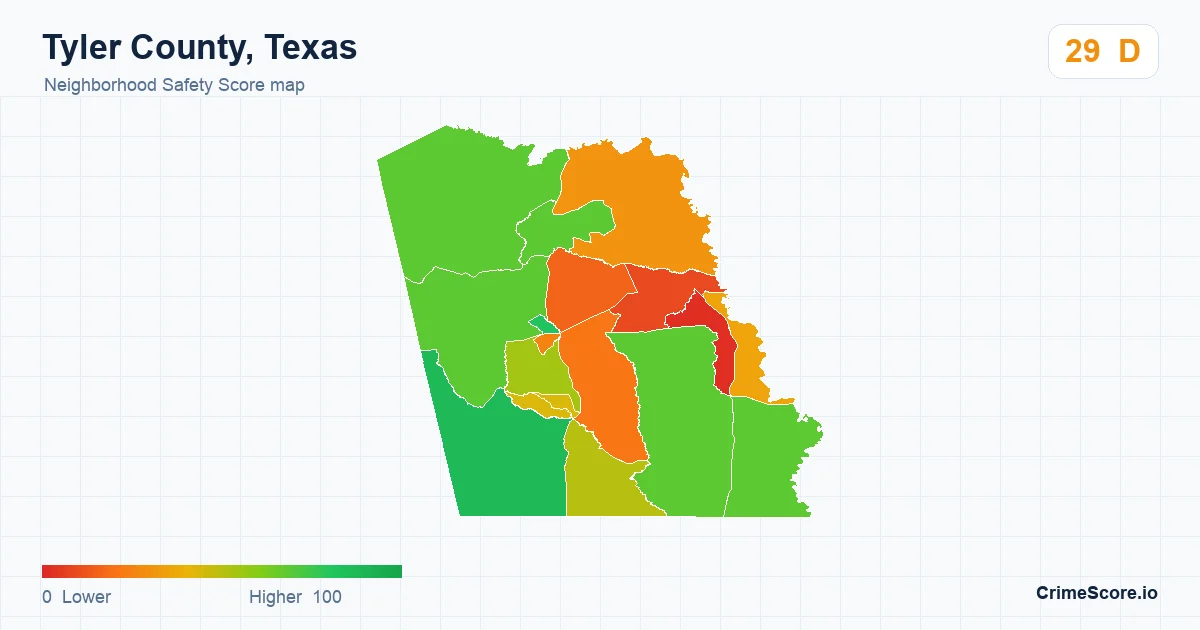 Tyler County, Texas neighborhood Safety Score map by Census block group