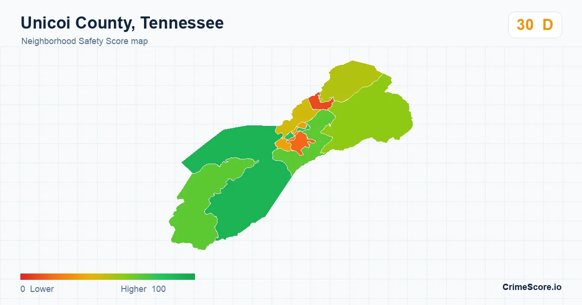 Unicoi County, Tennessee neighborhood Safety Score map by Census block group