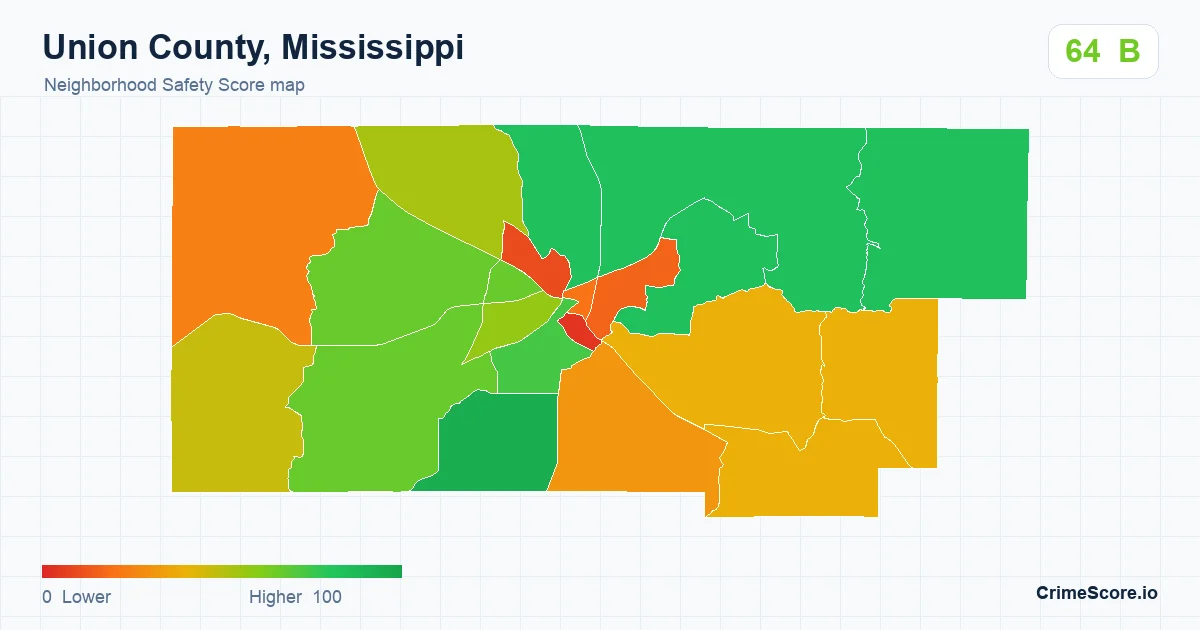 Union County, Mississippi neighborhood Safety Score map by Census block group