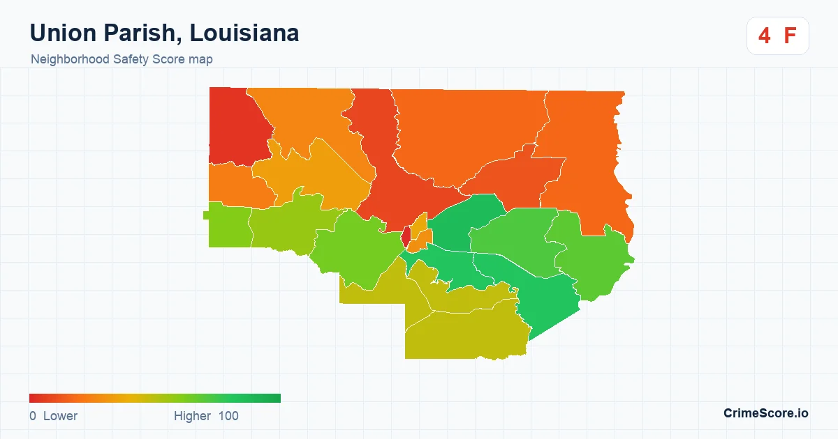 Union Parish, Louisiana neighborhood Safety Score map by Census block group