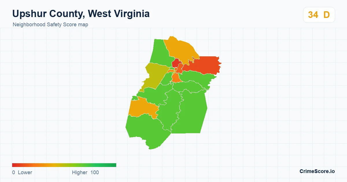 Upshur County, West Virginia neighborhood Safety Score map by Census block group