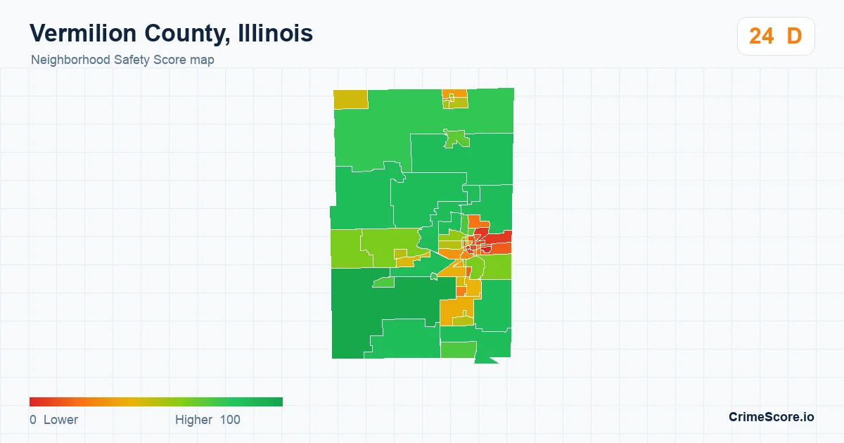 Vermilion County, Illinois neighborhood Safety Score map by Census block group