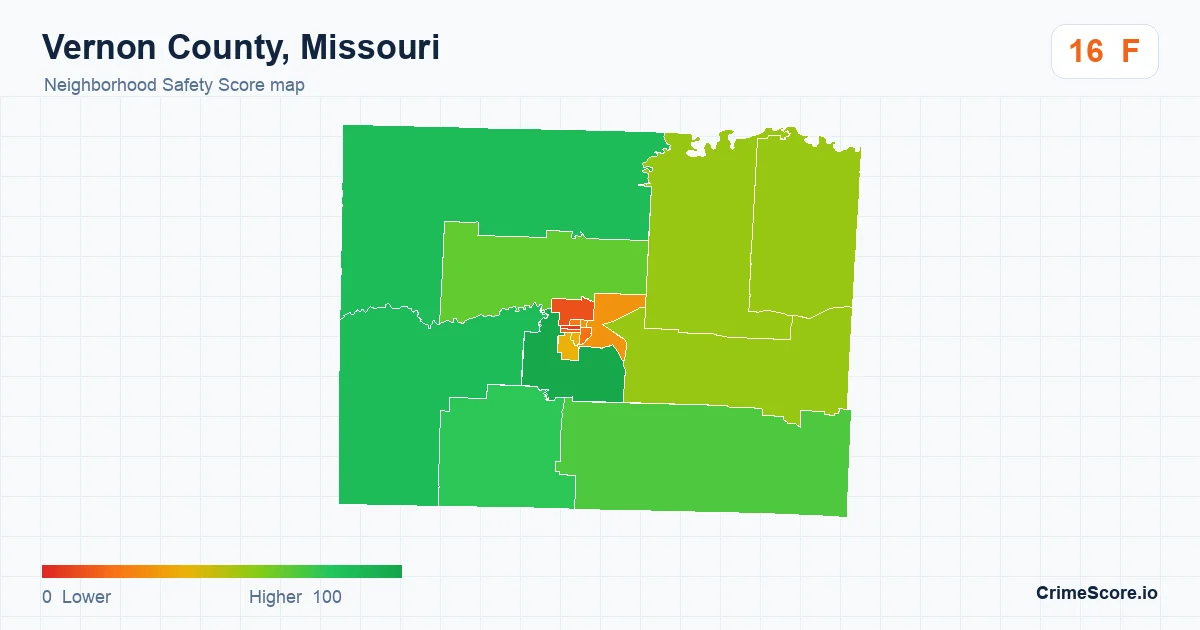 Vernon County, Missouri neighborhood Safety Score map by Census block group