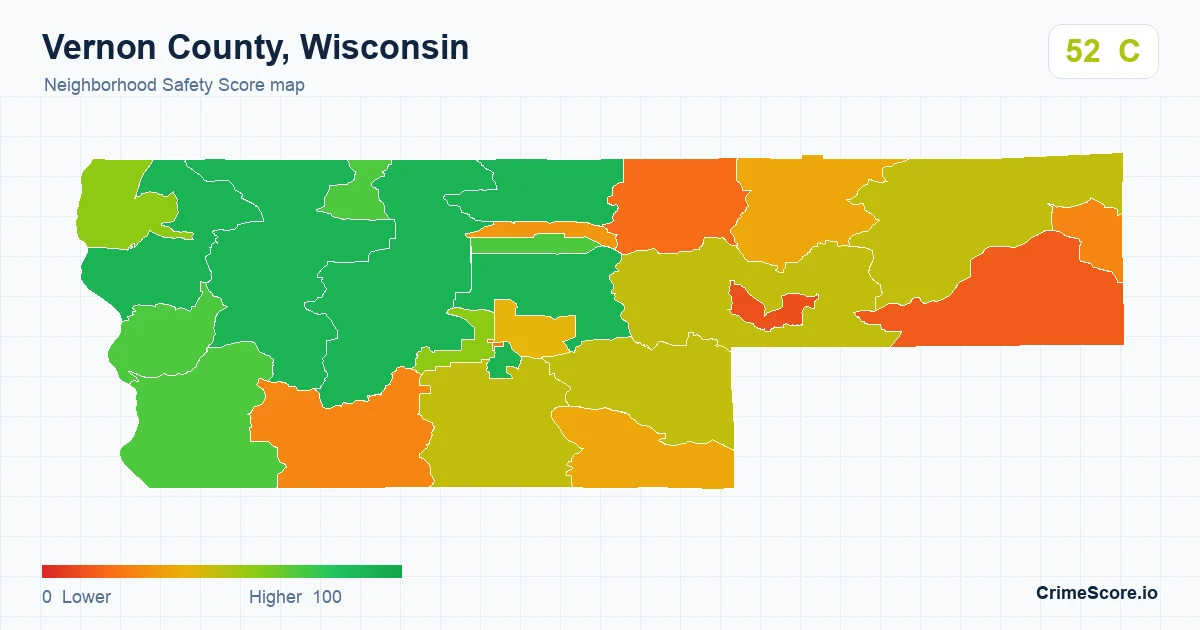Vernon County, Wisconsin neighborhood Safety Score map by Census block group