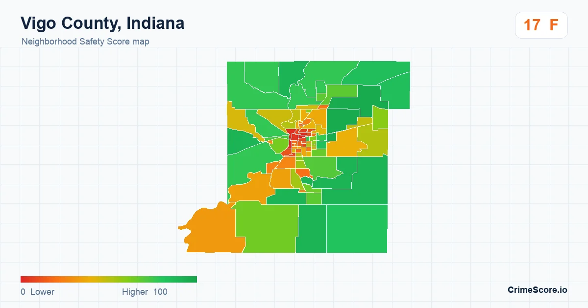 Vigo County, Indiana neighborhood Safety Score map by Census block group