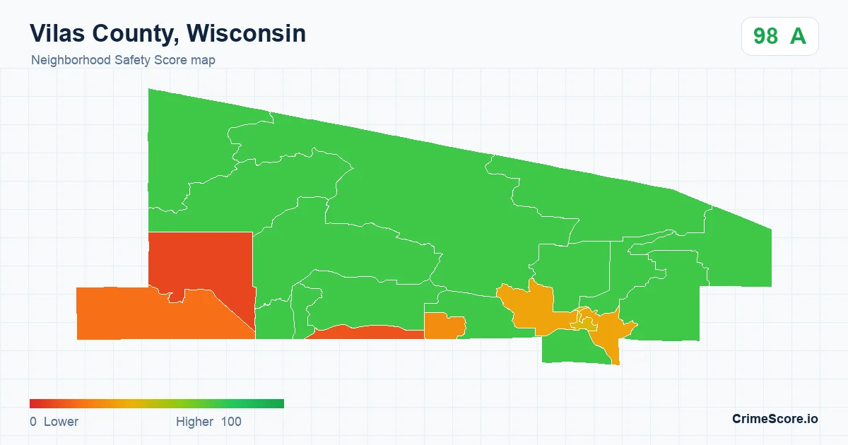 Vilas County, Wisconsin neighborhood Safety Score map by Census block group