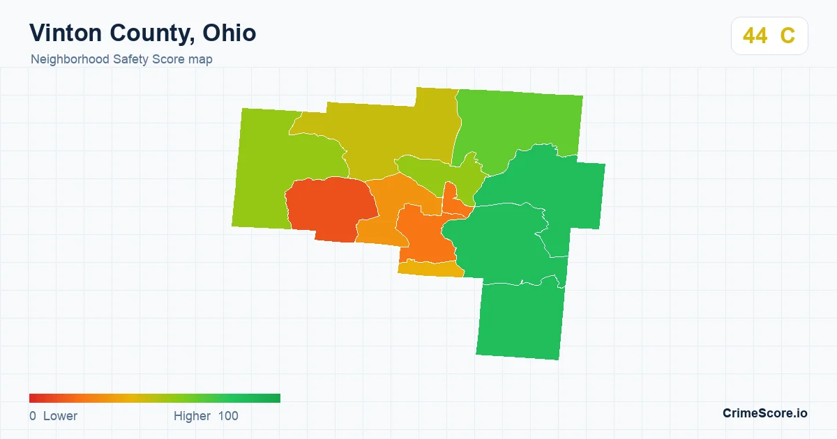 Vinton County, Ohio neighborhood Safety Score map by Census block group