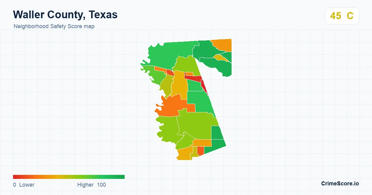 Waller County, Texas neighborhood Safety Score map by Census block group