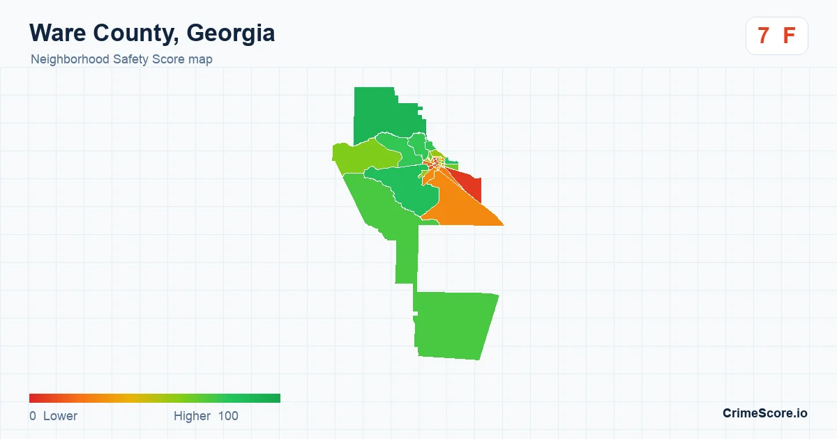Ware County, Georgia neighborhood Safety Score map by Census block group