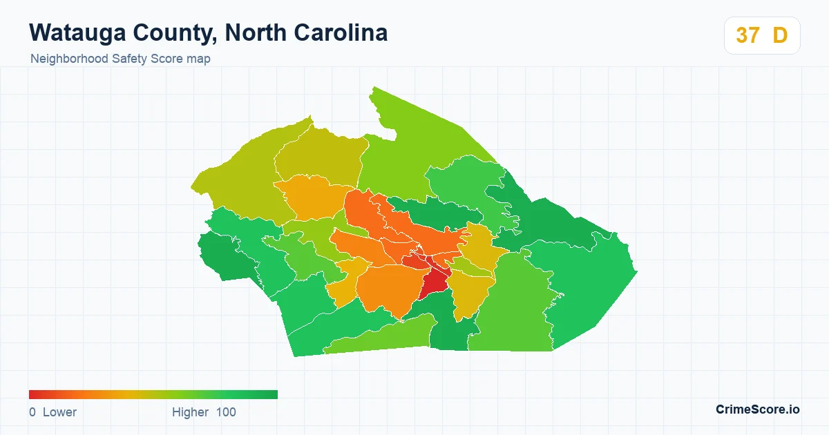 Watauga County, North Carolina neighborhood Safety Score map by Census block group