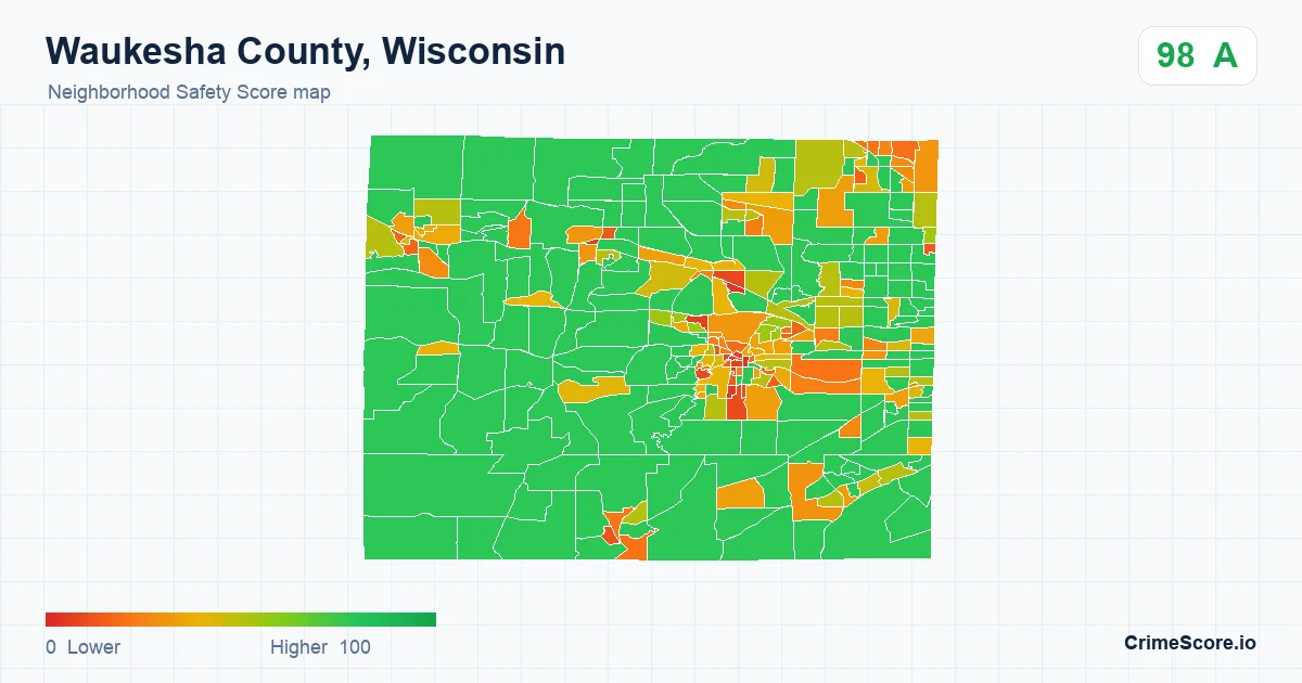 Waukesha County, Wisconsin neighborhood Safety Score map by Census block group