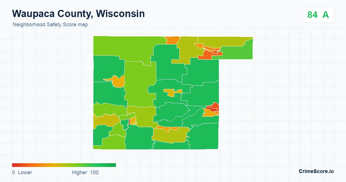 Waupaca County, Wisconsin neighborhood Safety Score map by Census block group