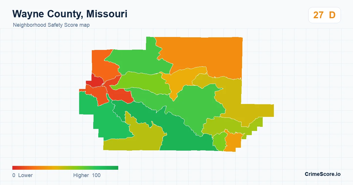 Wayne County, Missouri neighborhood Safety Score map by Census block group