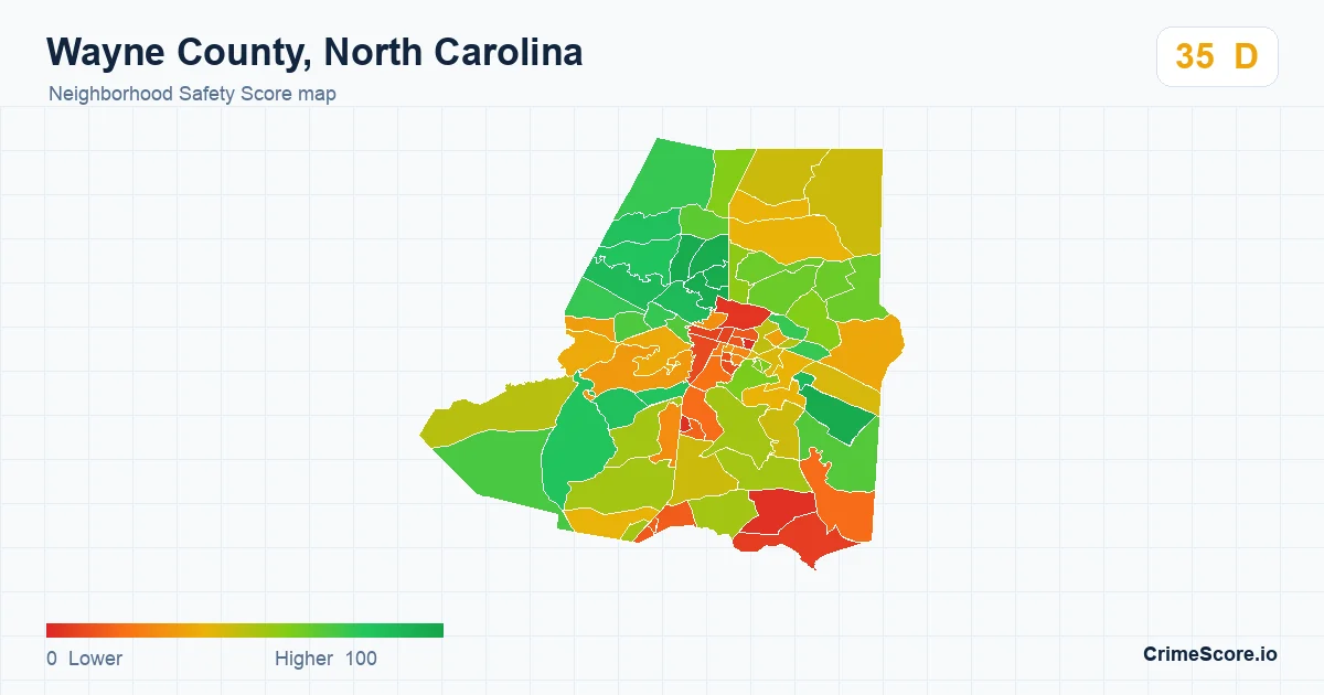 Wayne County, North Carolina neighborhood Safety Score map by Census block group