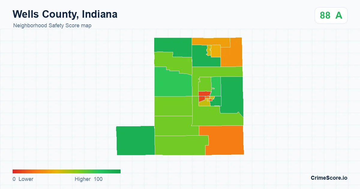 Wells County, Indiana neighborhood Safety Score map by Census block group