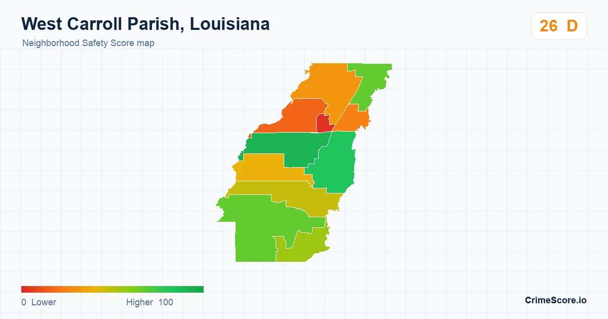 West Carroll Parish, Louisiana neighborhood Safety Score map by Census block group