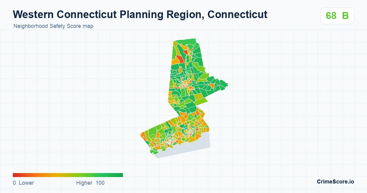 Western Connecticut Planning Region, Connecticut neighborhood Safety Score map by Census block group