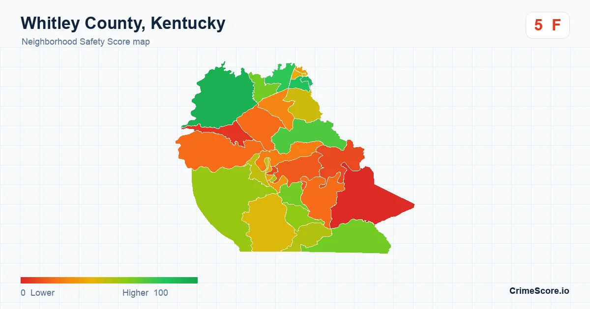 Whitley County, Kentucky neighborhood Safety Score map by Census block group
