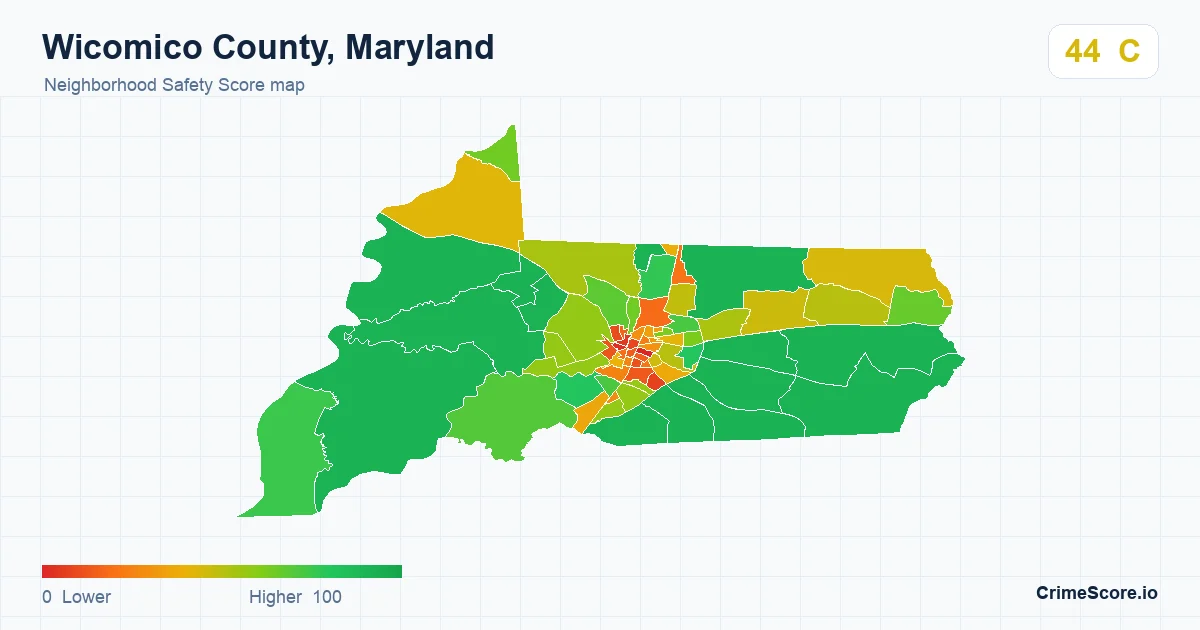 Wicomico County, Maryland neighborhood Safety Score map by Census block group