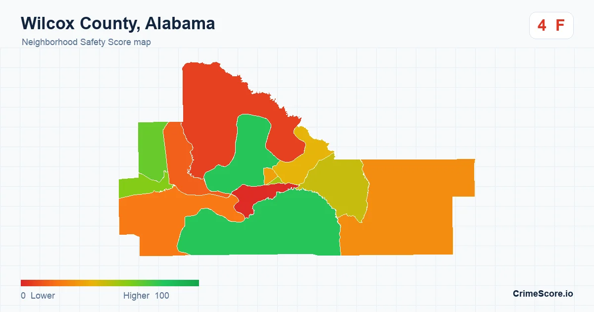 Wilcox County, Alabama neighborhood Safety Score map by Census block group