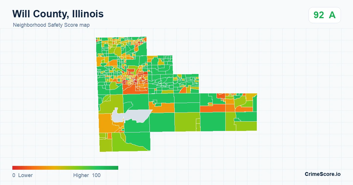 Will County, Illinois neighborhood Safety Score map by Census block group