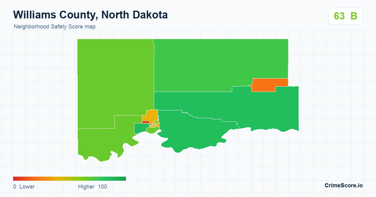 Williams County, North Dakota neighborhood Safety Score map by Census block group