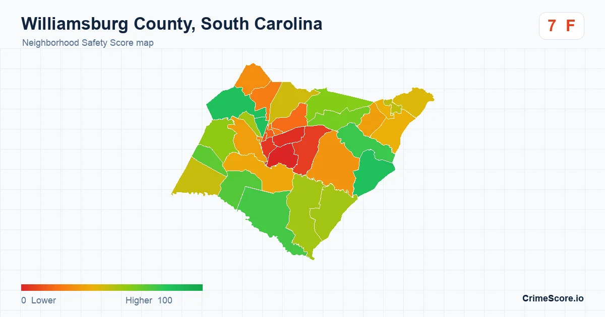 Williamsburg County, South Carolina neighborhood Safety Score map by Census block group