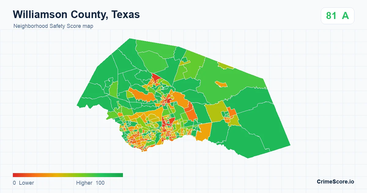 Williamson County, Texas neighborhood Safety Score map by Census block group