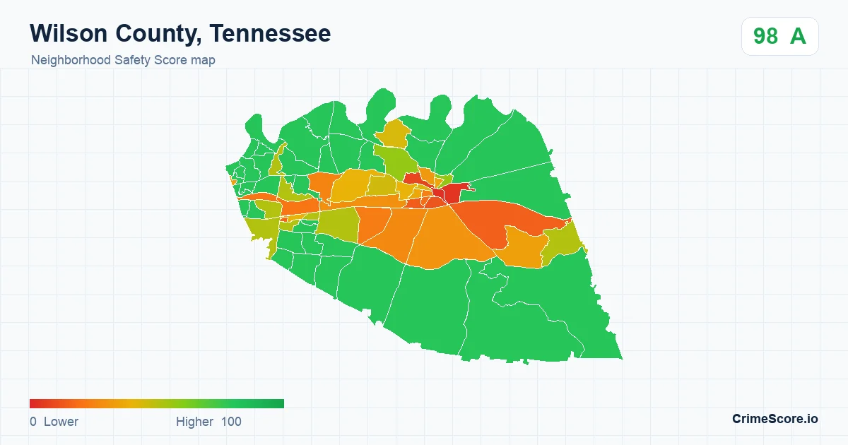 Wilson County, Tennessee neighborhood Safety Score map by Census block group
