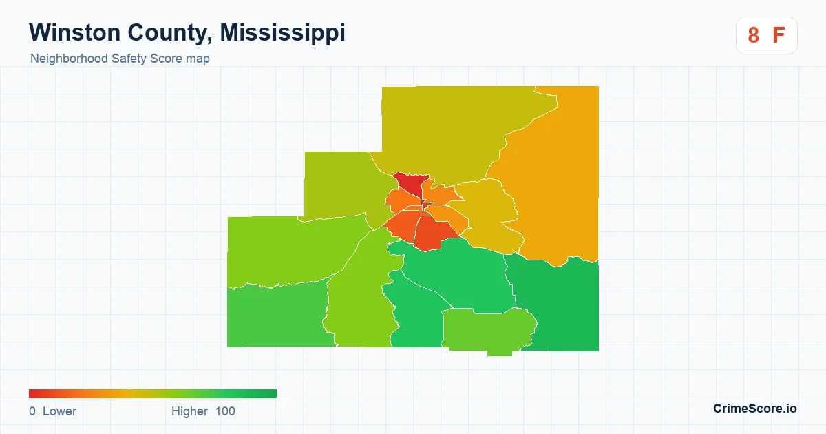 Winston County, Mississippi neighborhood Safety Score map by Census block group