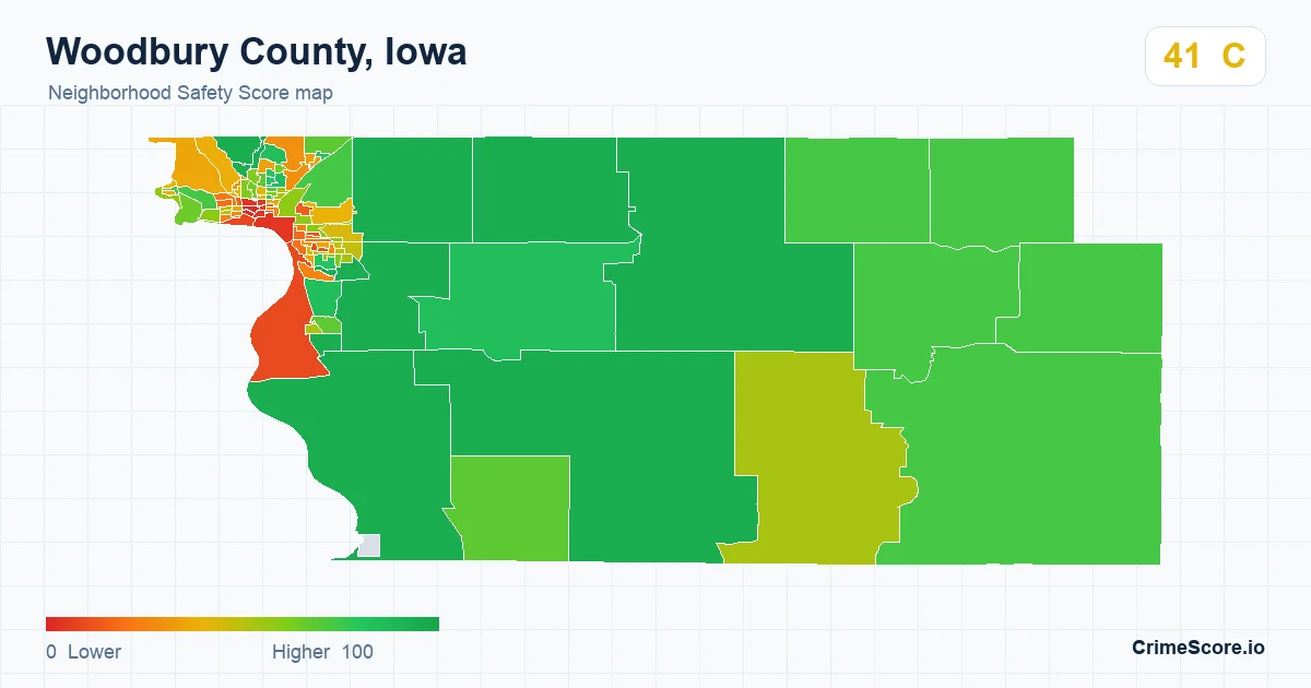 Woodbury County, Iowa neighborhood Safety Score map by Census block group
