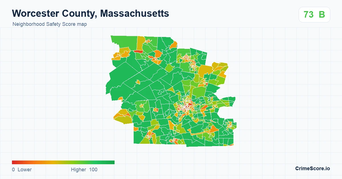 Worcester County, Massachusetts neighborhood Safety Score map by Census block group