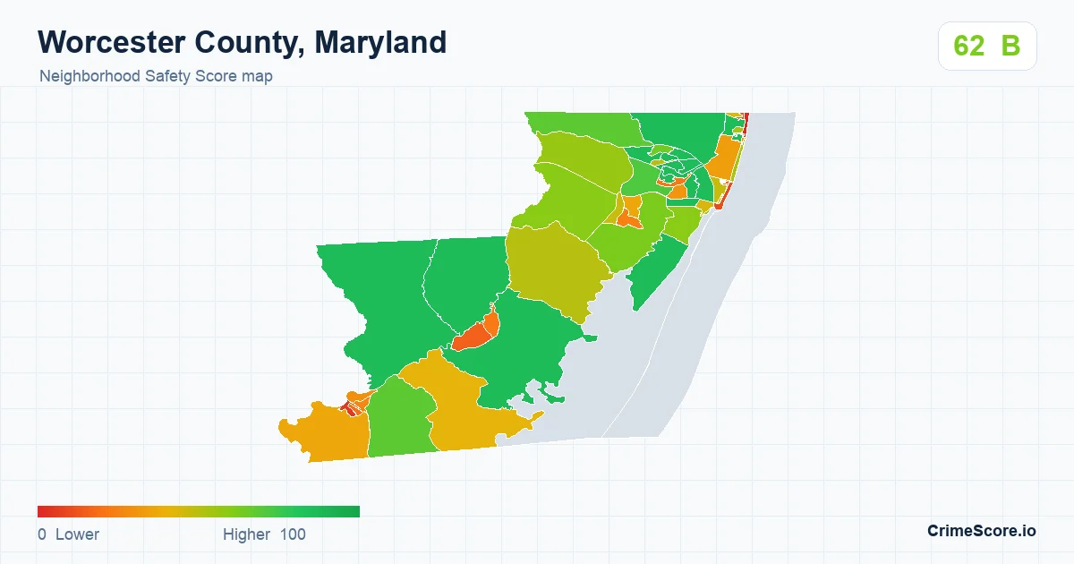 Worcester County, Maryland neighborhood Safety Score map by Census block group