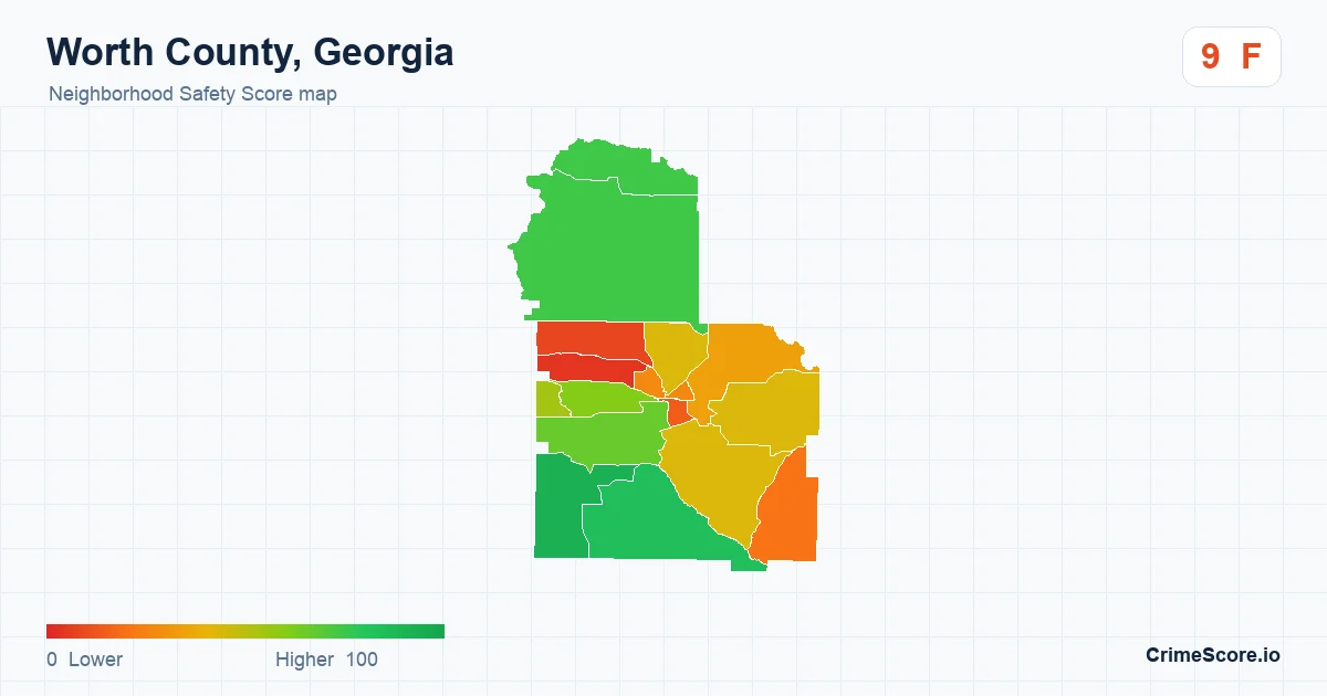 Worth County, Georgia neighborhood Safety Score map by Census block group