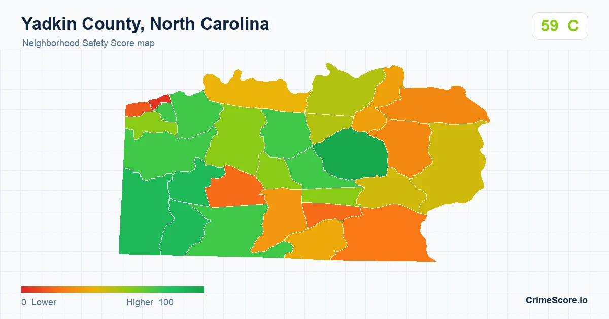 Yadkin County, North Carolina neighborhood Safety Score map by Census block group