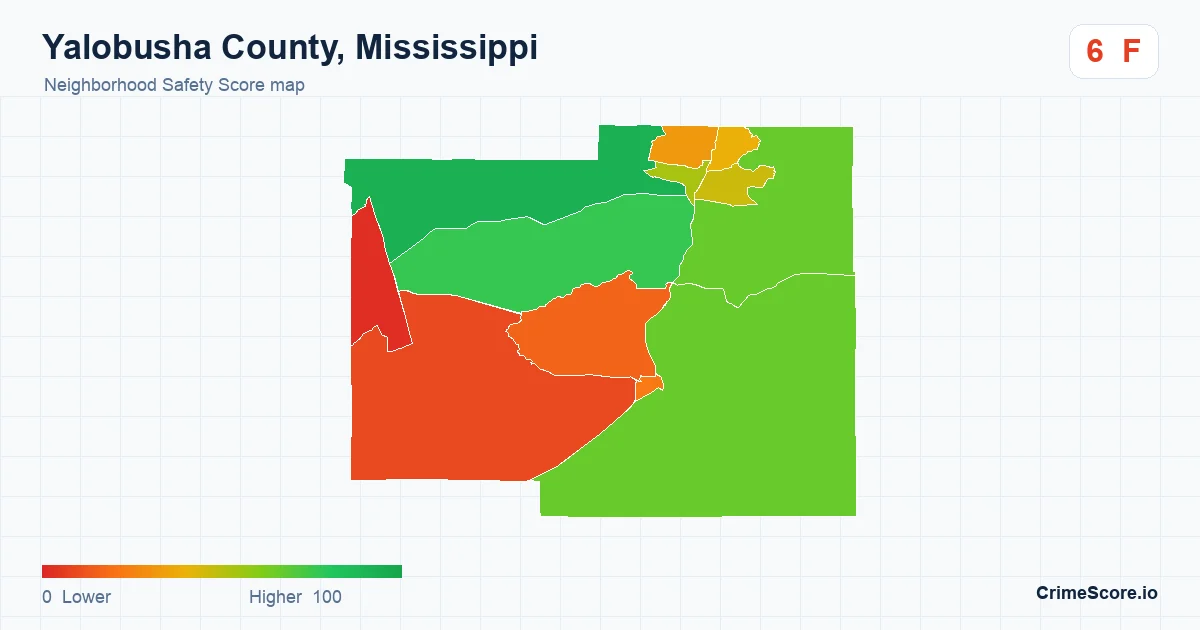 Yalobusha County, Mississippi neighborhood Safety Score map by Census block group