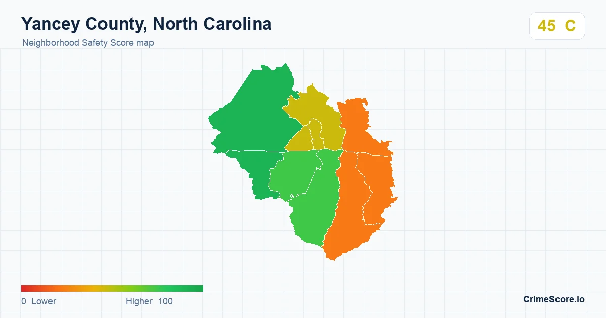 Yancey County, North Carolina neighborhood Safety Score map by Census block group