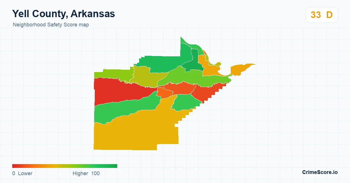 Yell County, Arkansas neighborhood Safety Score map by Census block group