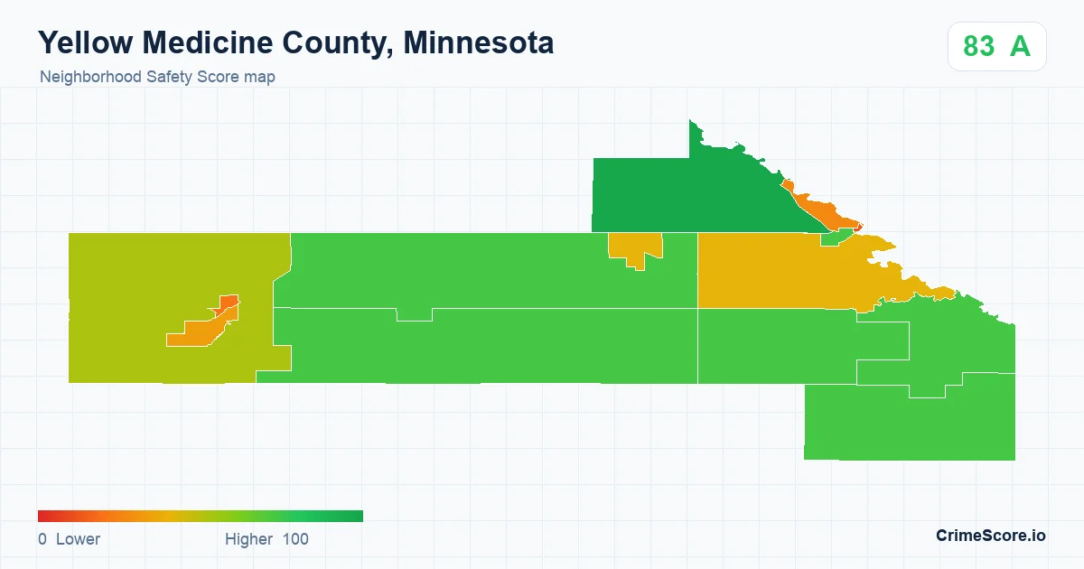 Yellow Medicine County, Minnesota neighborhood Safety Score map by Census block group
